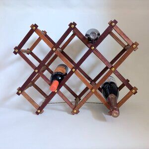 Vintage Mid-Century Wooden Wine Rack with Brass Accents – Holds 10 Bottles